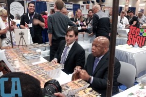 Comic Alliance actually took a picture of me talking to Nate Powell about the Southern California Review.  (Top Left: Me, Top Middle: Nate Powell, Middle: Andrew Aydin, bottom right Congressman John Lewis